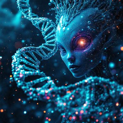 The primary subject of the image is a blue-skinned alien with a long, curly blue hair. The alien is wearing a blue and purple dress and has a blue and purple dna strand wrapped around its head. The setting is a space with a backdrop of stars, creating a celestial atmosphere. The visual style is digital art, with the alien and its surroundings rendered in a vibrant and detailed manner. The colors and mood of the image are predominantly blue and